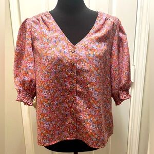 Sanctuary Feminine Floral Pink Puff Sleeve Button Down Blouse